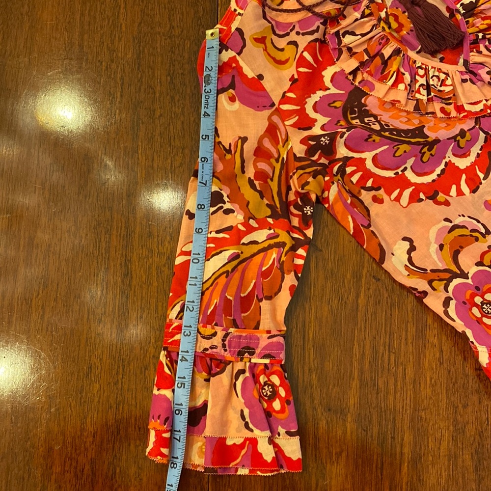 Tory Burch Cotton Voile Tunic Pink Orange Floral Drawstring Ruffle Collar Size 4 - Picture 16 of 16